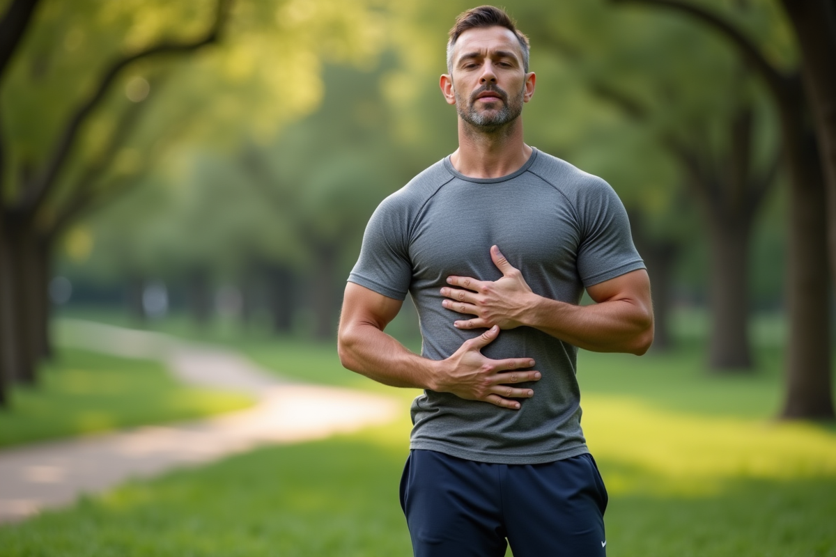 Homme en pleine respiration dans un parc verdoyant