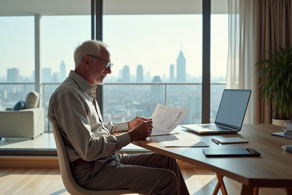 Homme retraité lisant documents dans appartement moderne