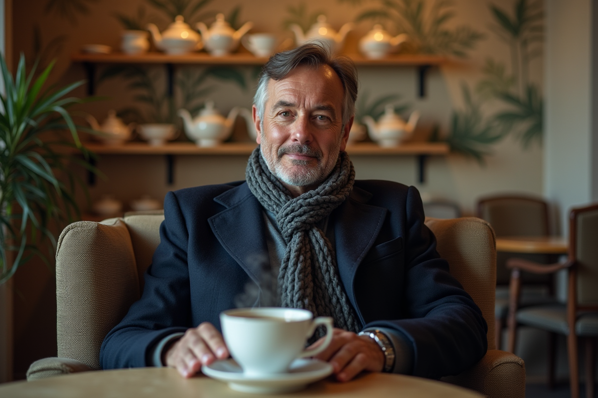 Homme détendu avec une tasse de thé dans un salon parisien