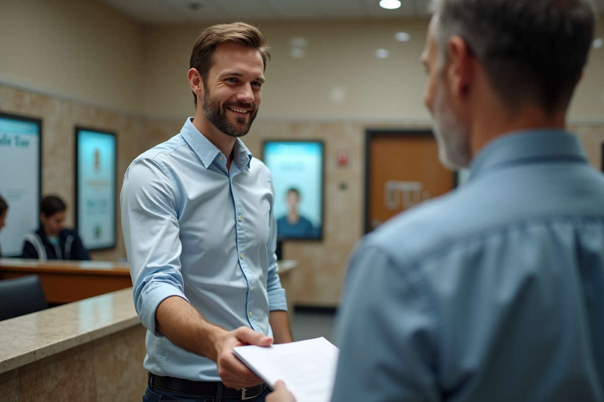 Homme remettant un dossier à un agent administratif