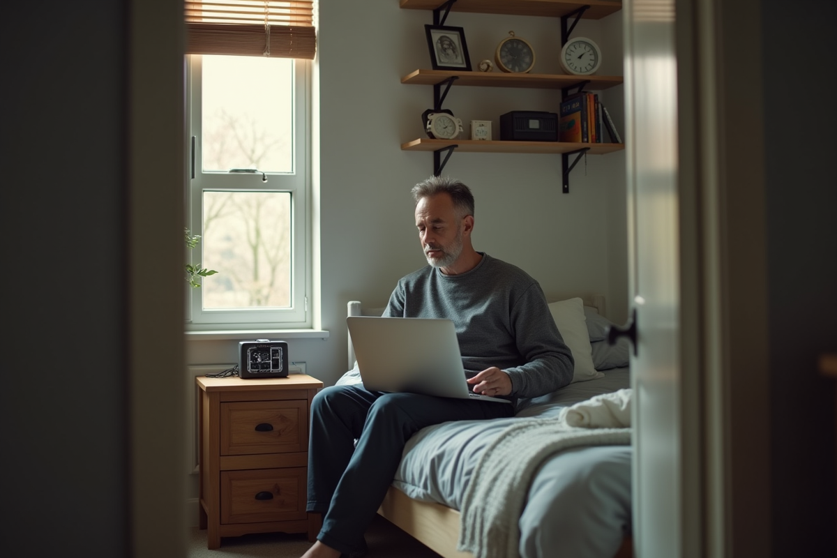 Homme fatigué assis sur le lit avec un ordinateur portable dans une chambre