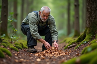 Homme en salopette étalant des copeaux de bois frais dans la forêt