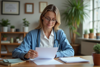 Infirmière en blouse blanche prépare des papiers à domicile