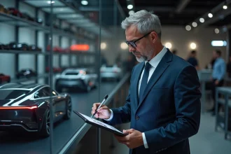 Ingénieur automobile en costume bleu examine un prototype électrique