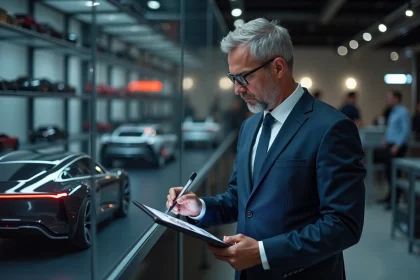 Ingénieur automobile en costume bleu examine un prototype électrique