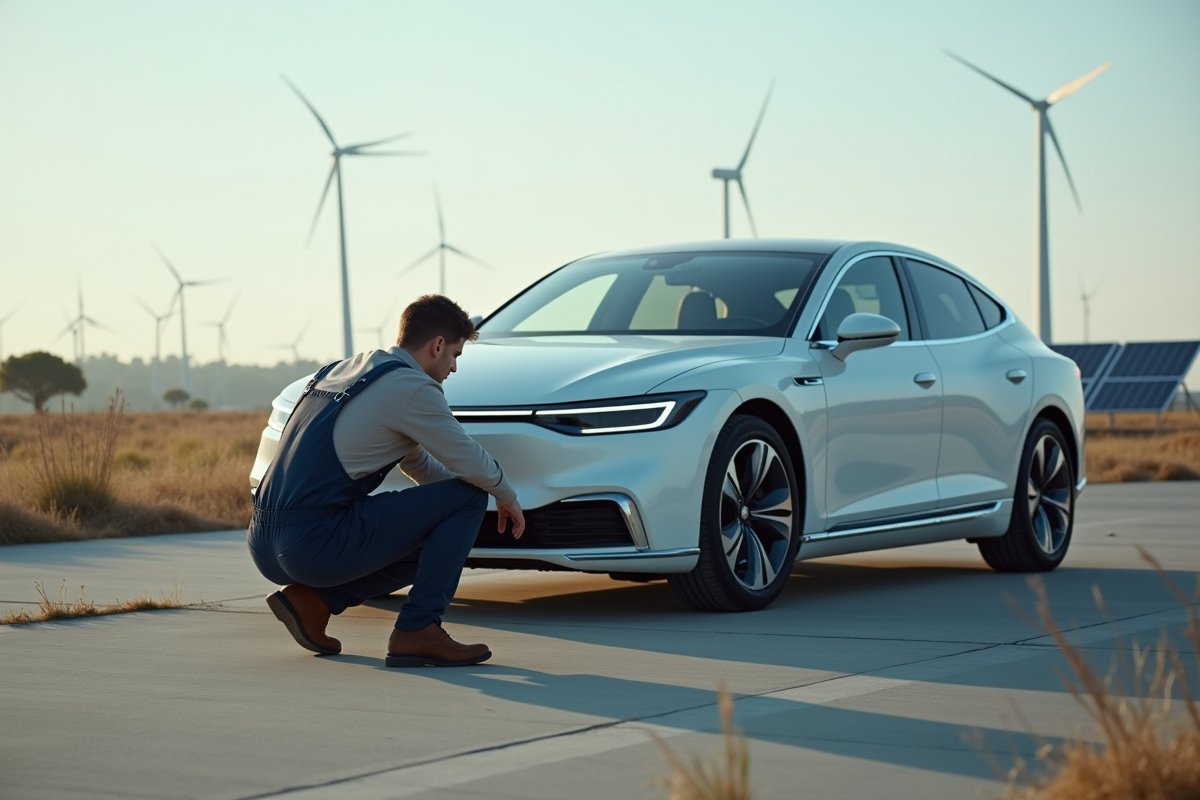 Jeune ingénieur avec voiture hydrogene en test en plein air
