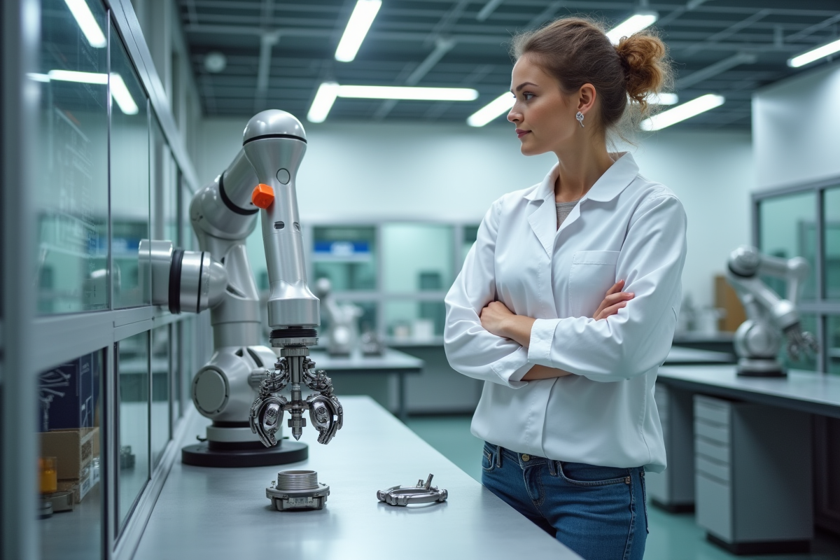 Ingénieure femme observant un bras robotique en laboratoire