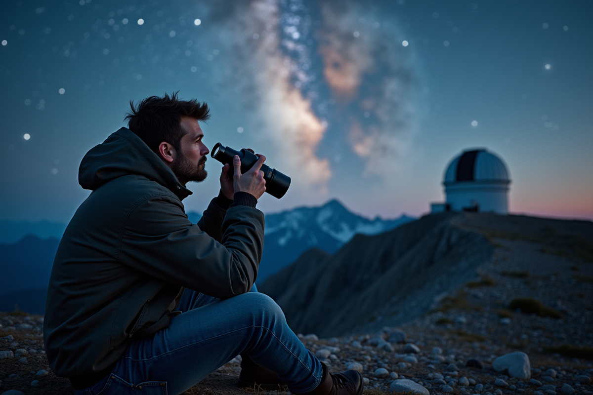 Jeune astronome regardant la voie lactee avec un télescope