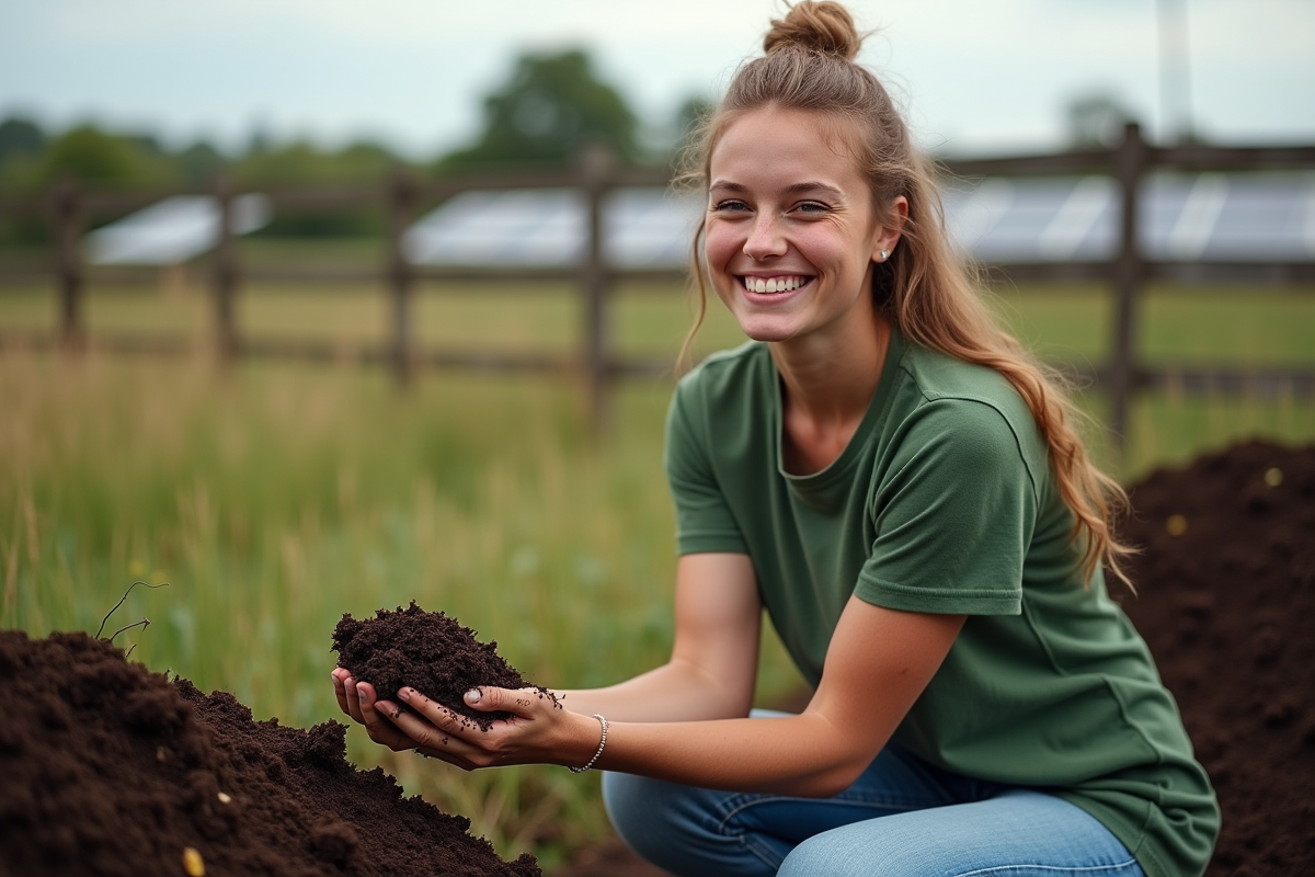 Jeune femme souriante avec compost dans un cadre rural
