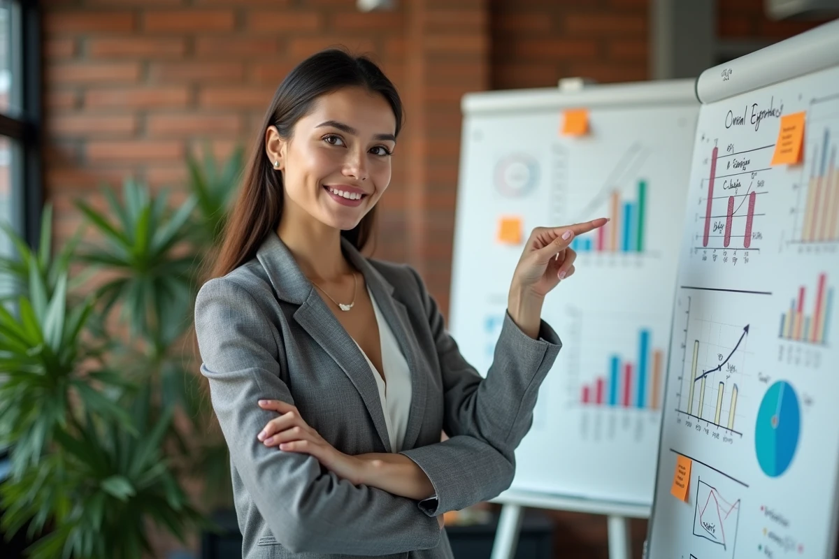 Jeune femme entrepreneure devant un tableau blanc créatif