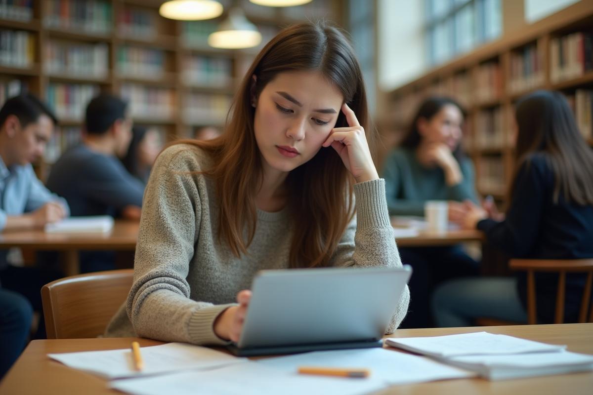 Jeune femme perplexe à la bibliothèque avec notes et tablette