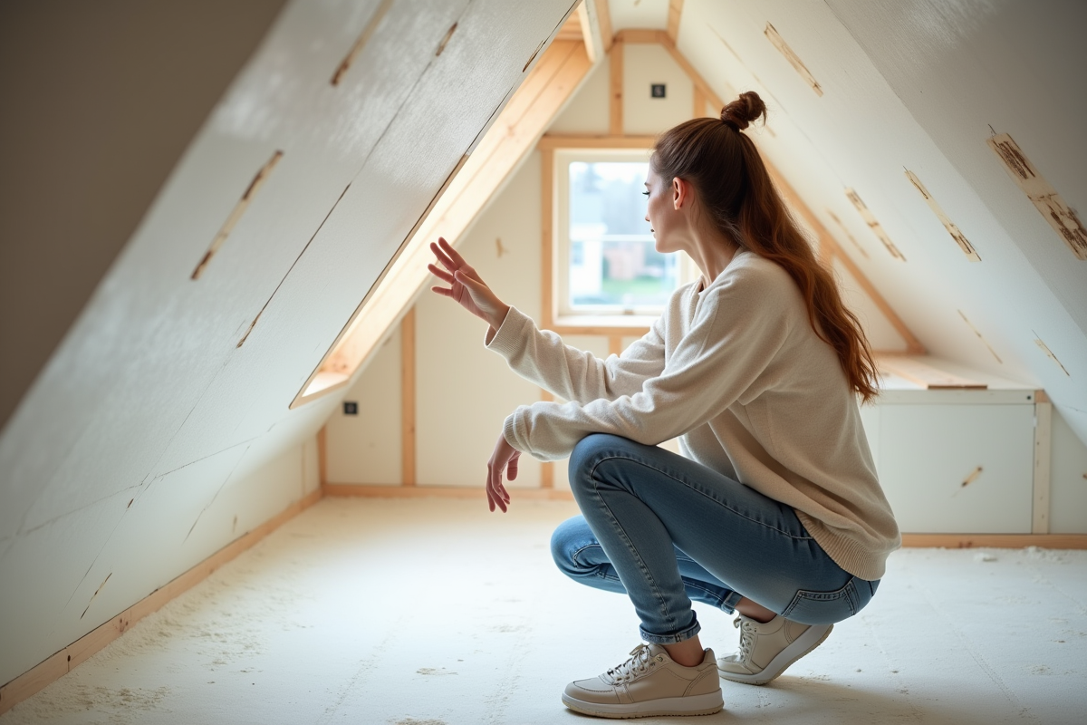 Jeune femme touchant l’isolation en mousse dans un grenier rénové