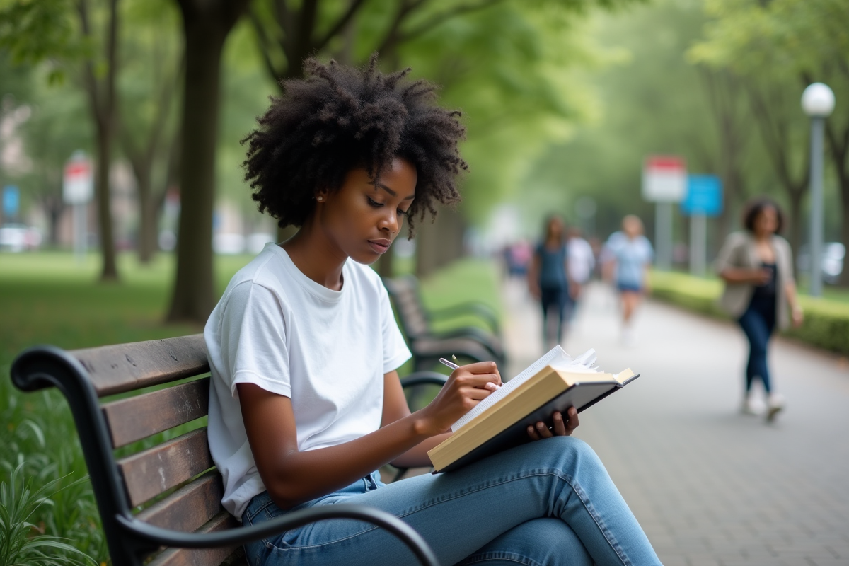 Jeune femme noire lisant un livre sur un banc de parc