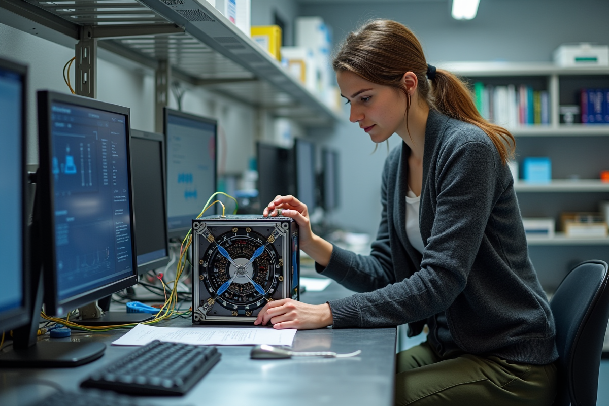 Jeune femme physicienne assemble un ordinateur quantique