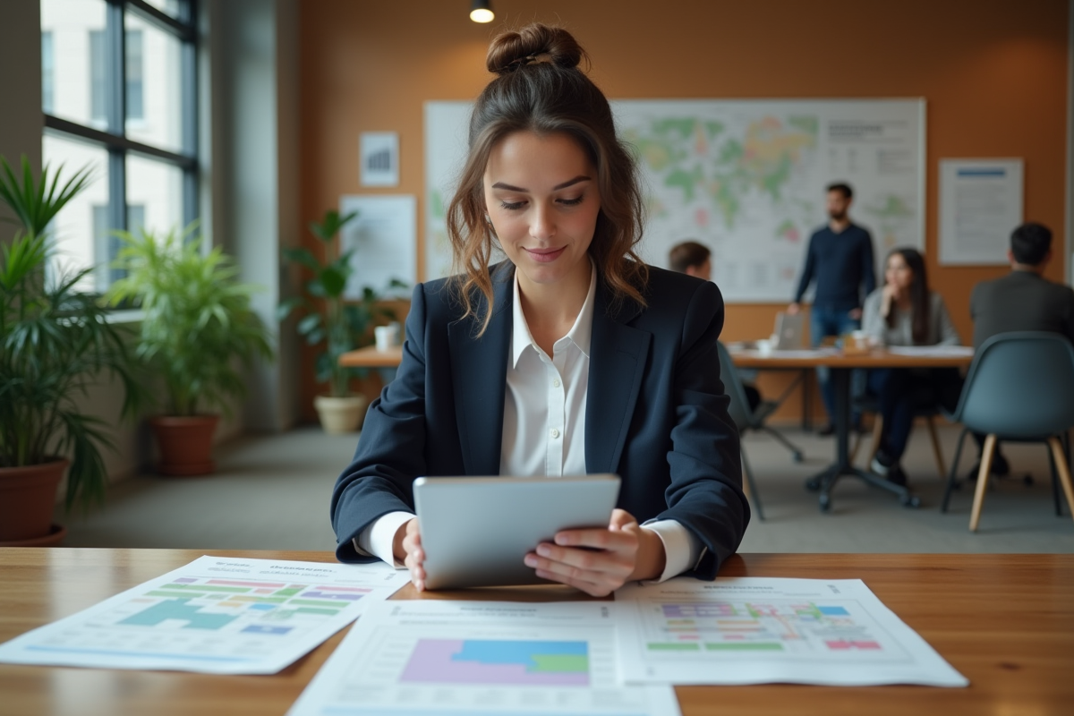 Jeune femme professionnelle examinant des documents en bureau