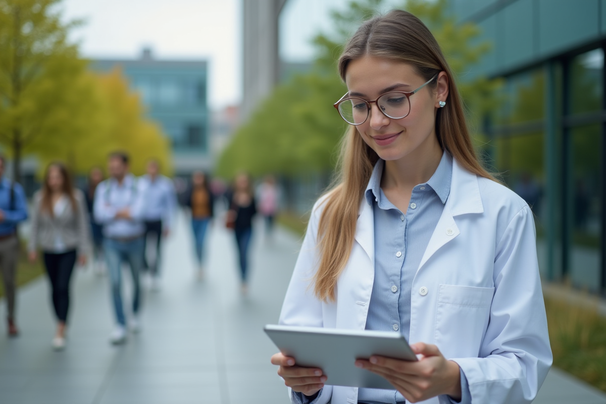 Jeune femme scientifique tenant une tablette avec graphiques en extérieur