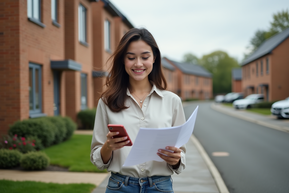 Jeune femme en jeans et chemise sur une rue résidentielle
