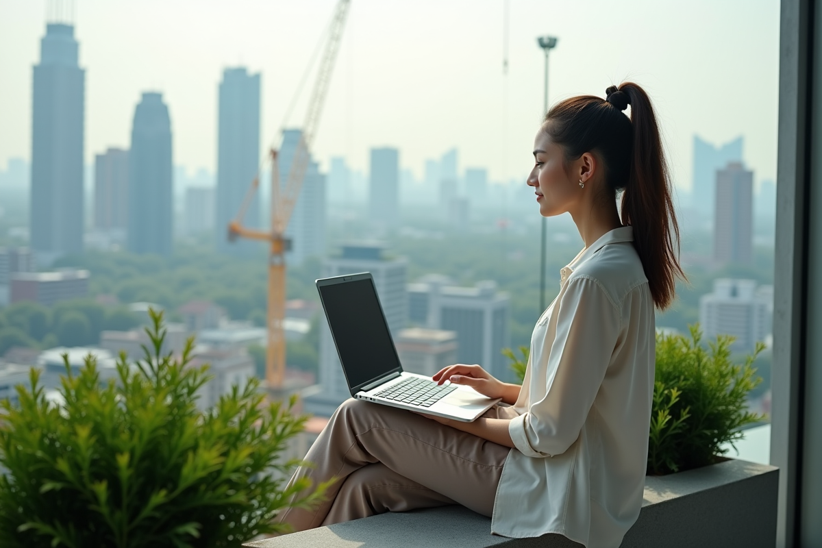 Jeune entrepreneure sur un toit avec skyline et gratte-ciel