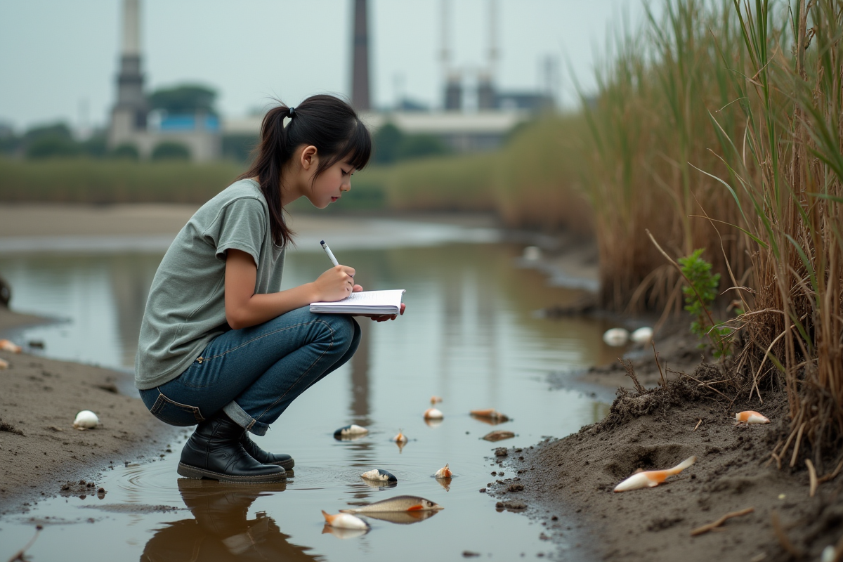 Jeune fille observe des poissons morts dans une rivière polluée