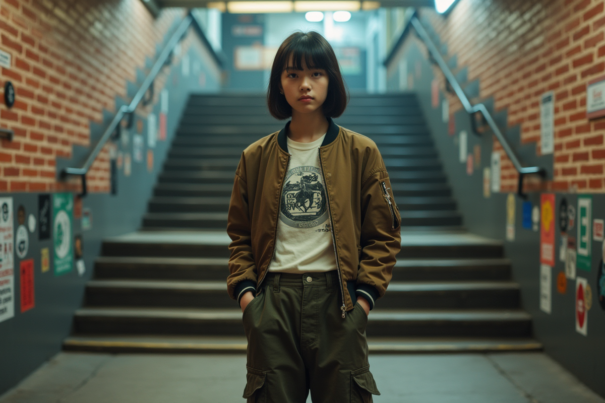 Jeune fille avec veste vintage devant un mur graffiti