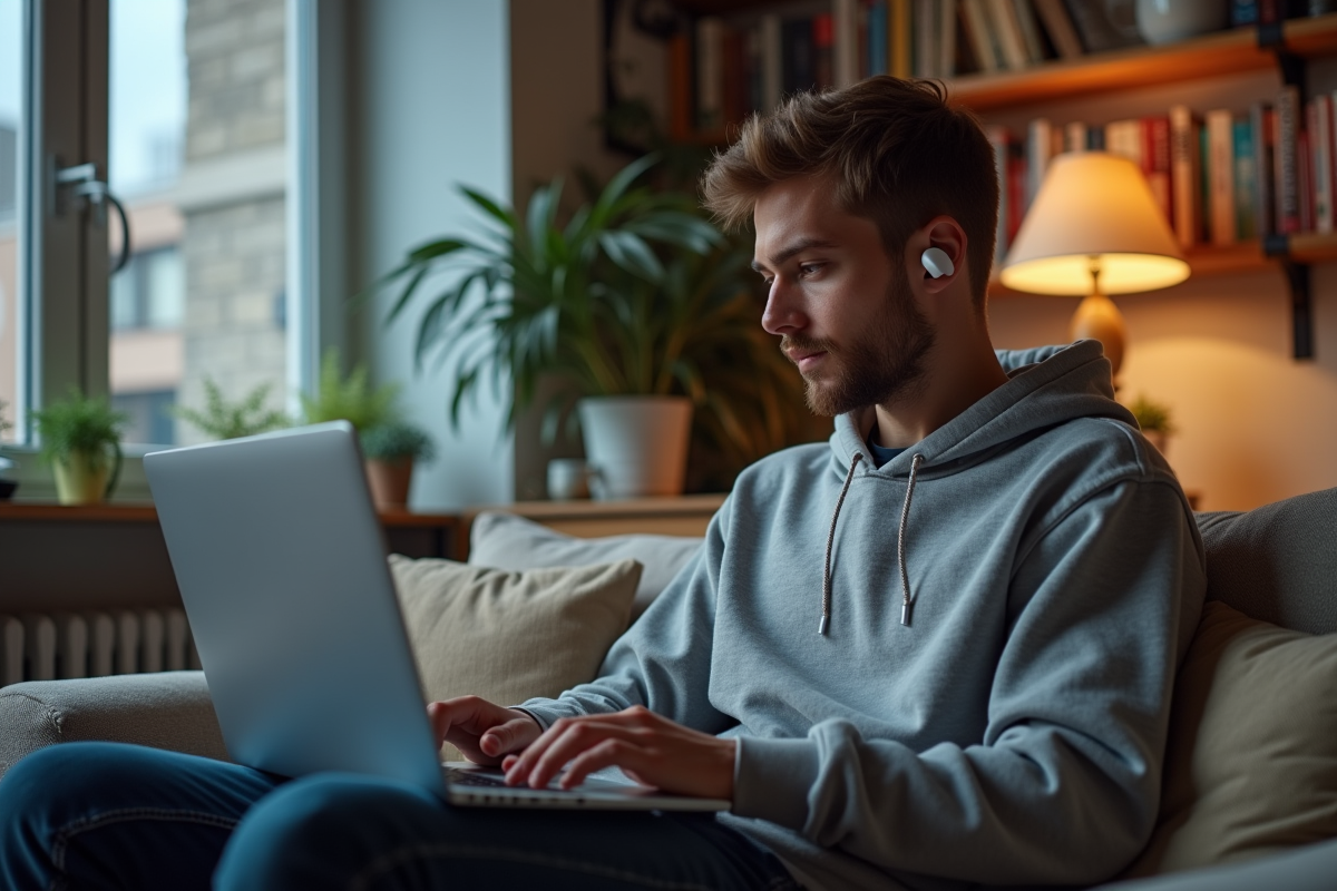 Jeune homme avec hoodie utilisant un ordinateur à la maison