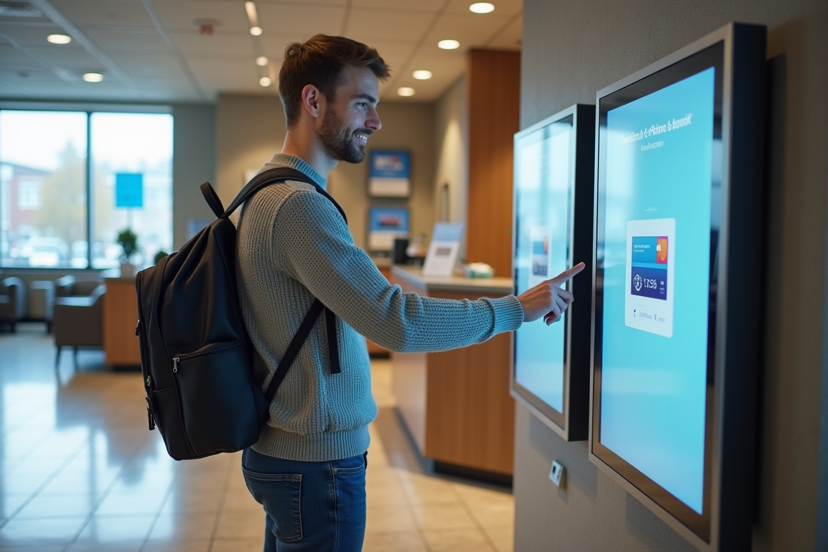 Jeune homme utilisant un kiosque bancaire moderne