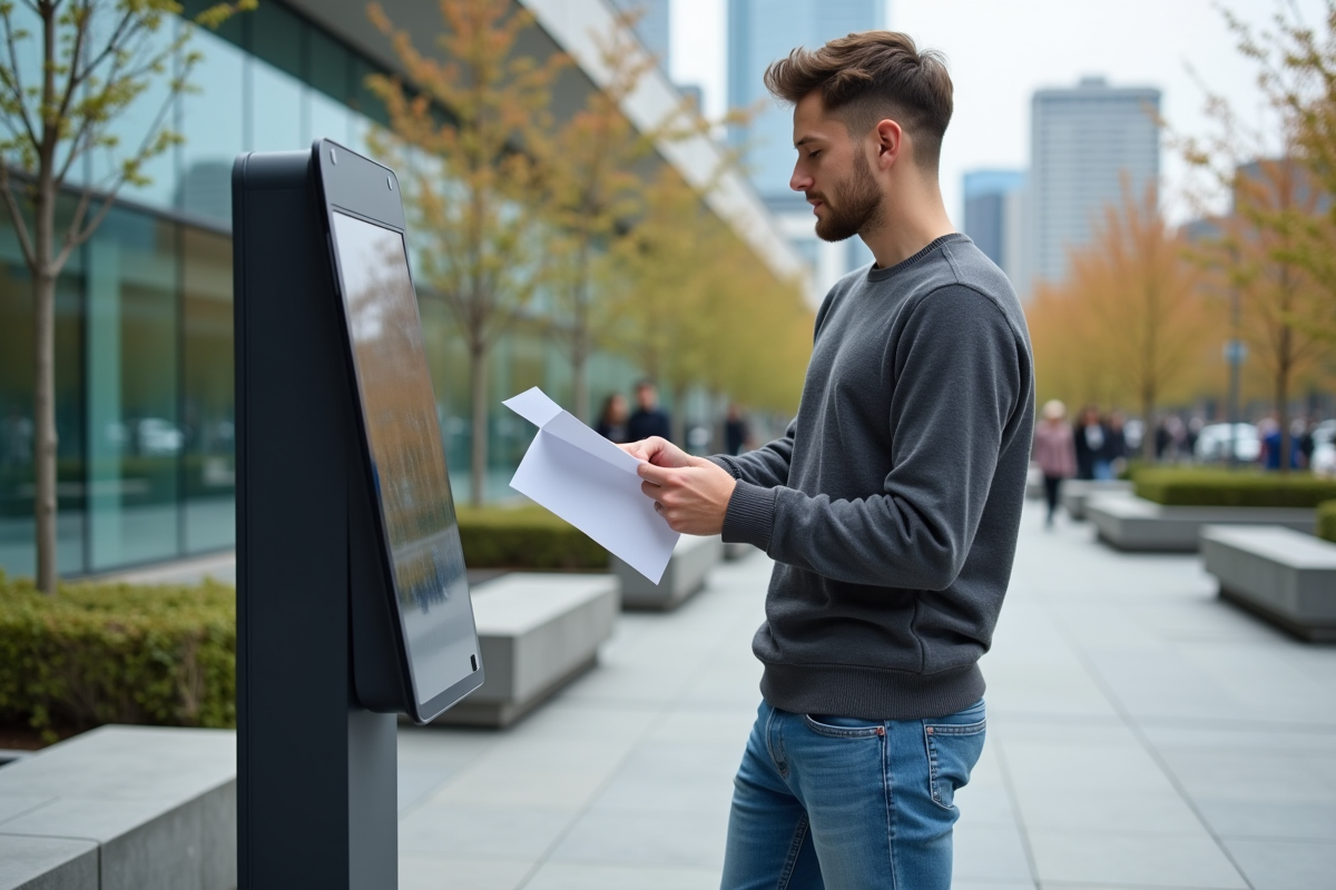 Jeune homme devant un kiosque numérique en ville