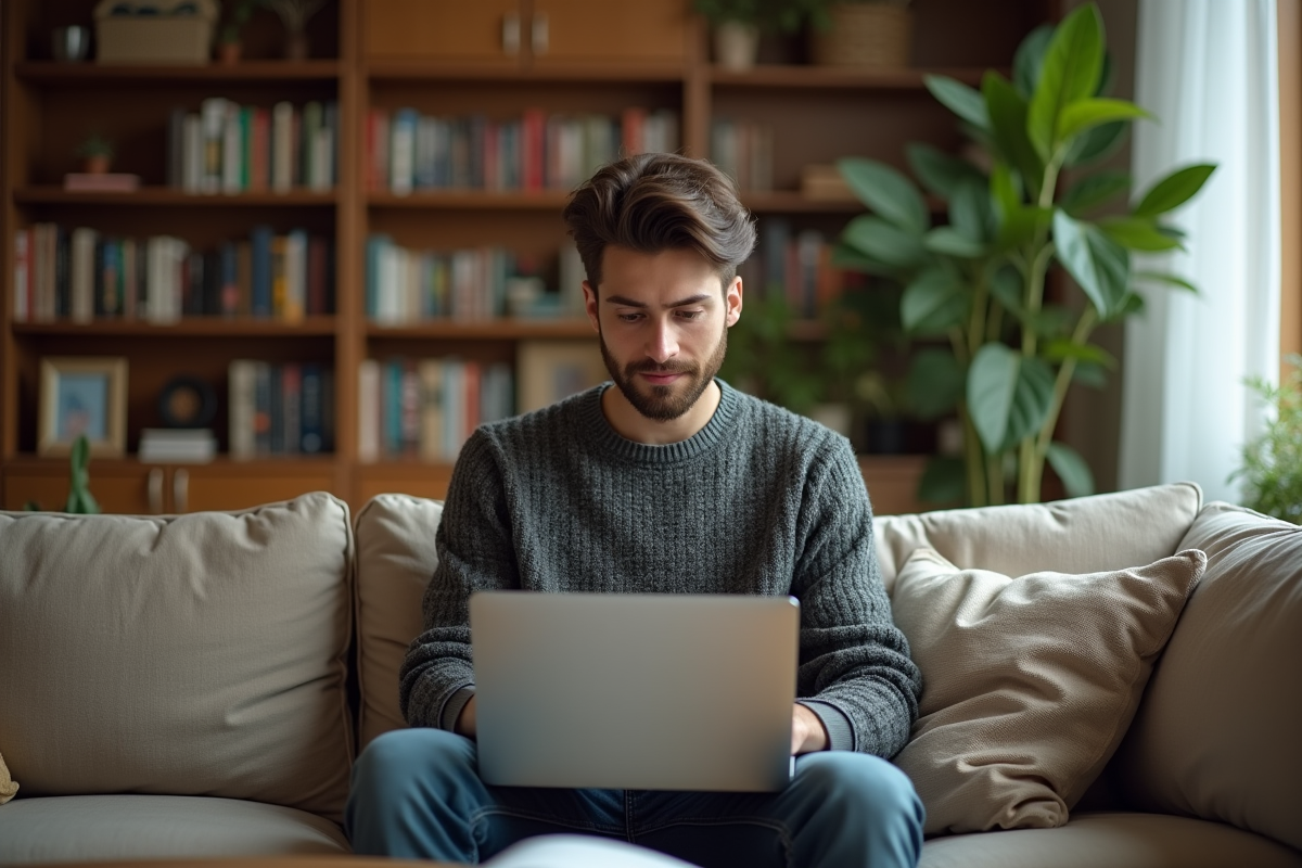 Jeune homme travaillant sur son ordinateur dans un salon cosy