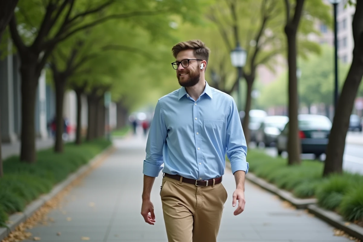 Jeune homme marche dans un parc urbain en écoutant de la musique