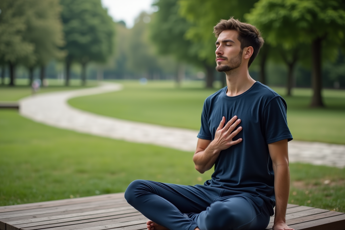 Jeune homme en plein air pratique la respiration consciente