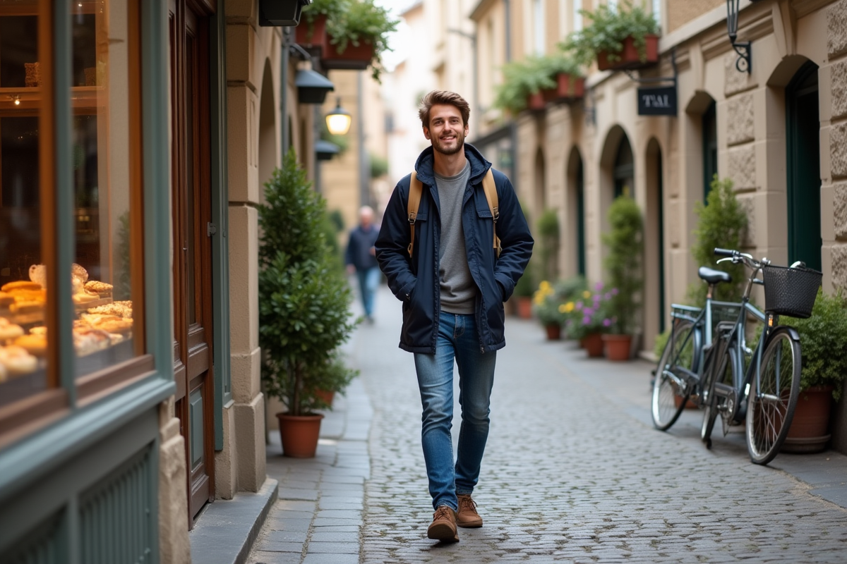 Jeune homme dans une petite ville française regardant la vitrine d