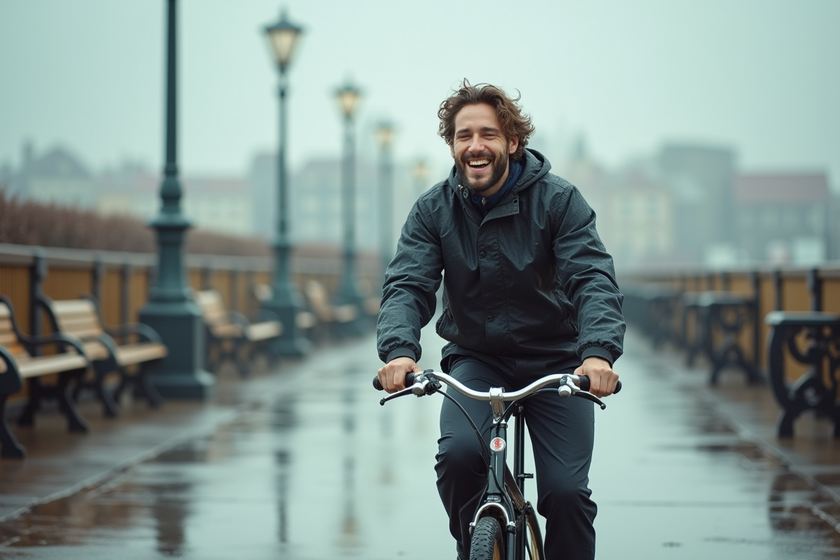 Jeune homme en vélo sous la pluie en ville