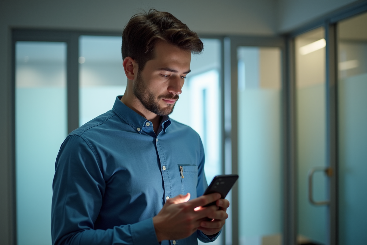 Jeune homme en chemise bleue verrouillant son smartphone dans un environnement de bureau
