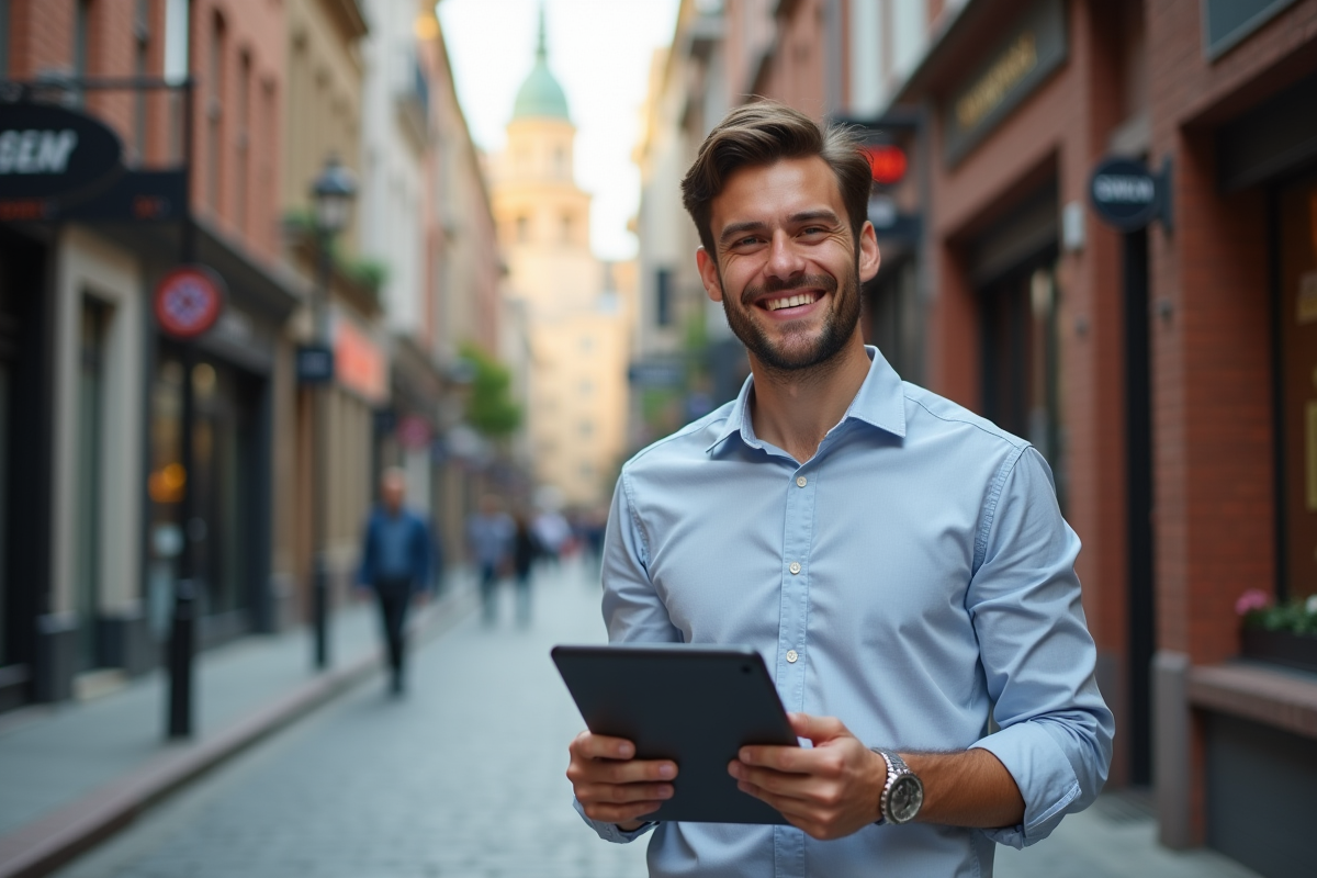 Jeune homme souriant avec tablette devant une rue urbaine