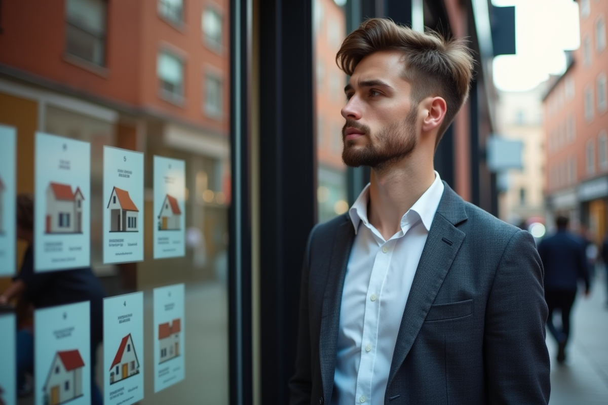 Jeune homme en blazer regardant des annonces immobilières en ville