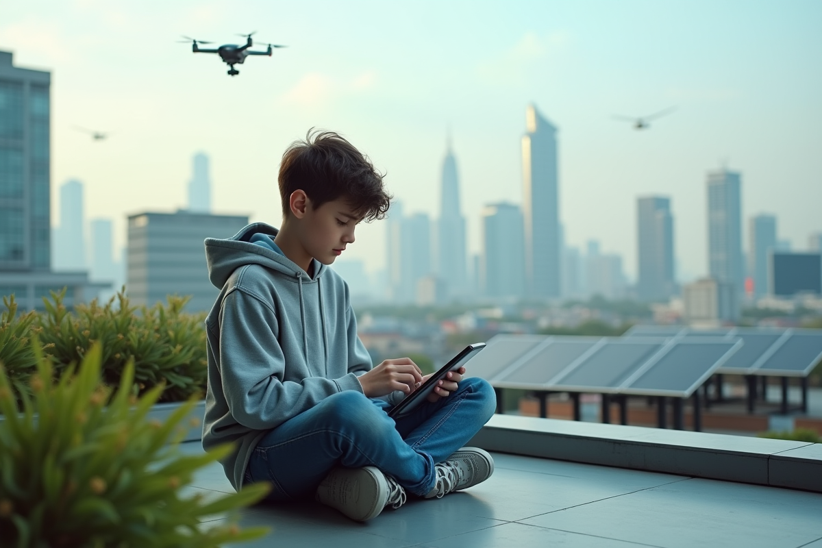 Jeune garçon en hoodie programmant sur une tablette en rooftop urbain