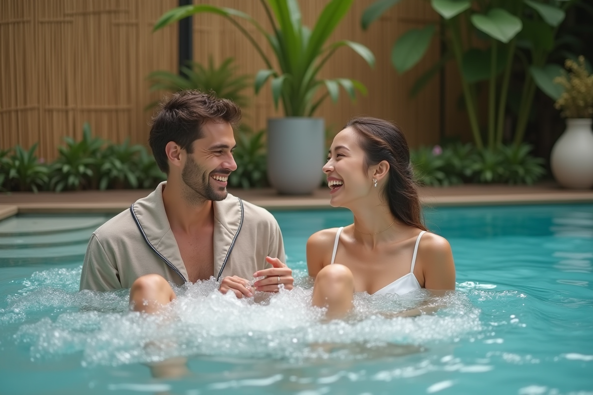 Jeunes adultes riant dans la piscine extérieure du spa
