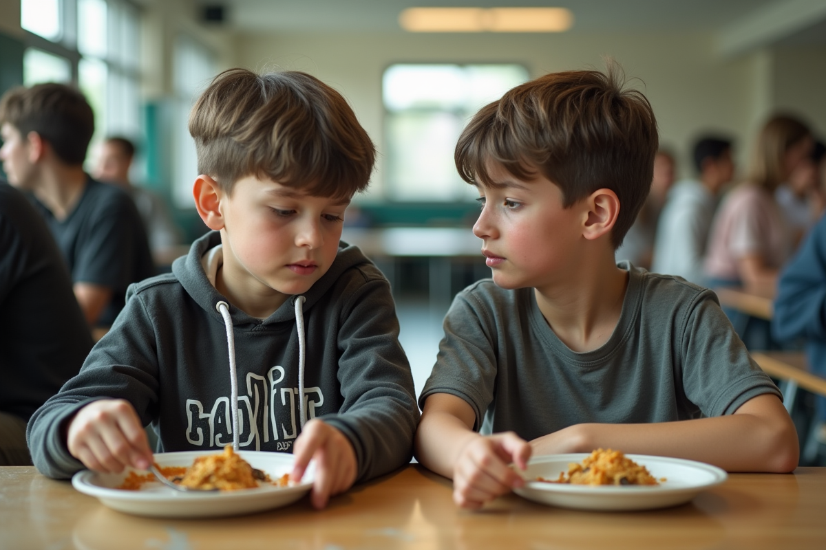 Deux adolescents discutant dans une cafetaria scolaire