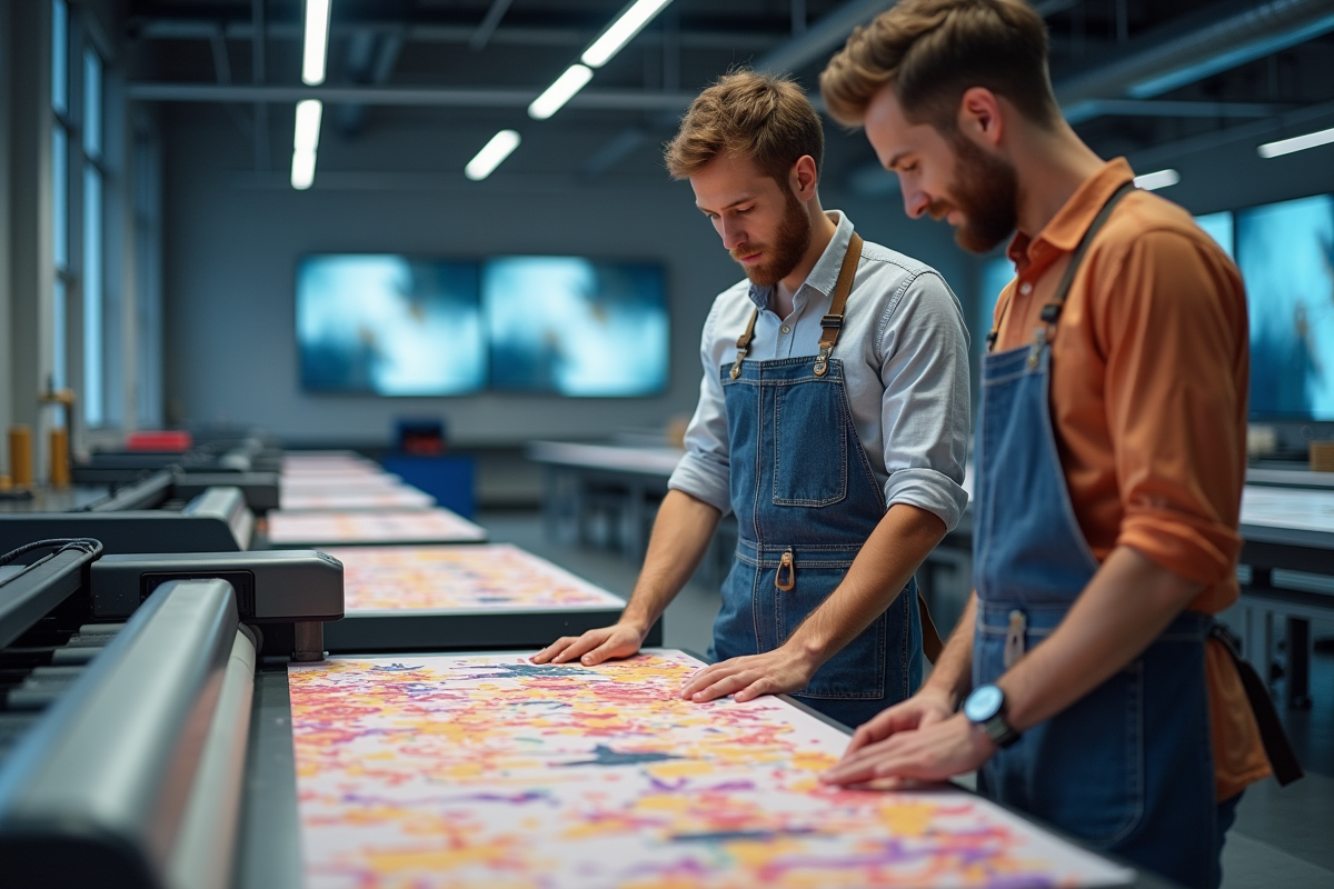 Deux jeunes hommes utilisant une imprimante textile moderne