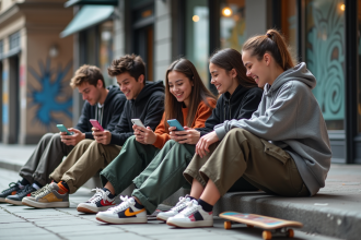Jeunes urbains relaxant sur le trottoir en ville