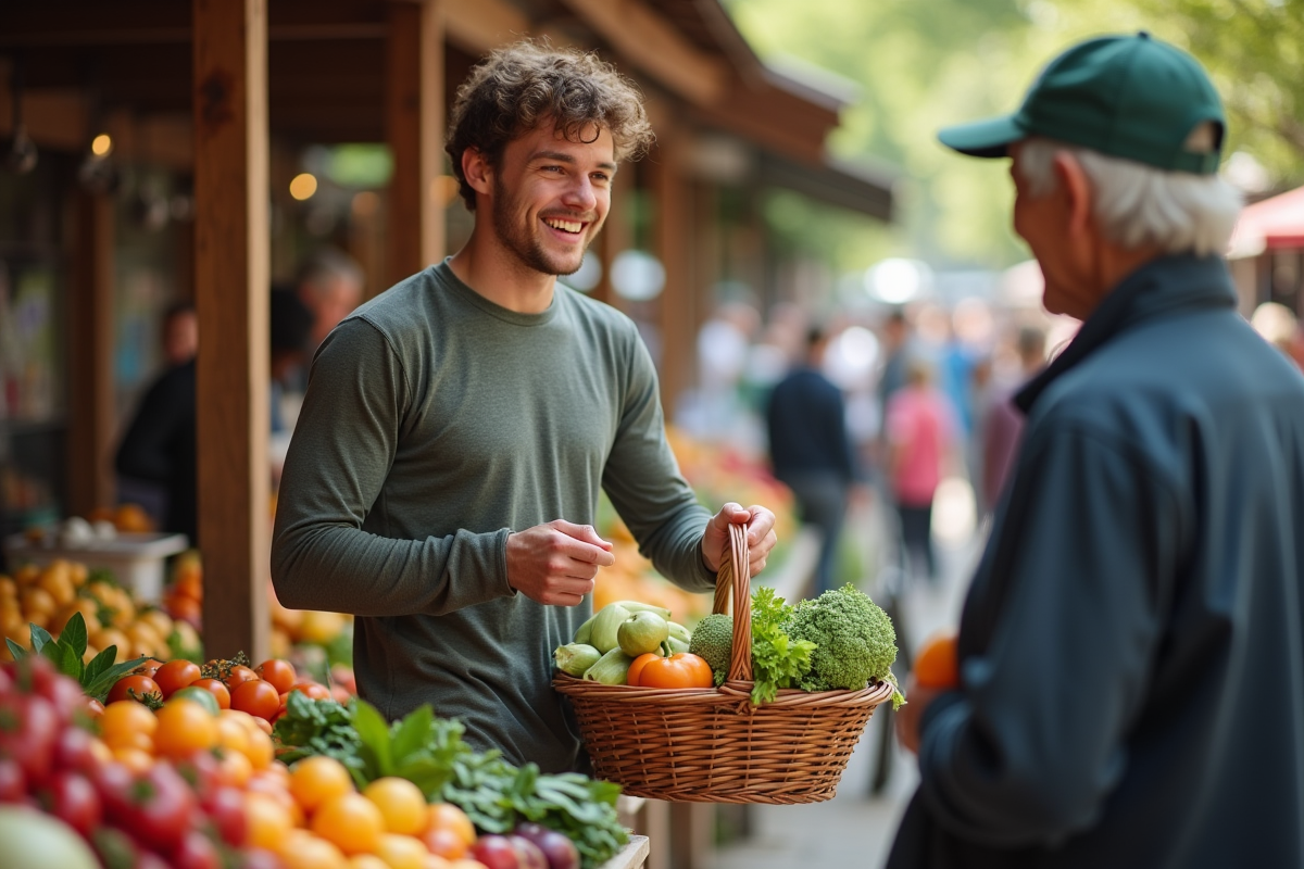 Jeune homme achetant des fruits au marché local