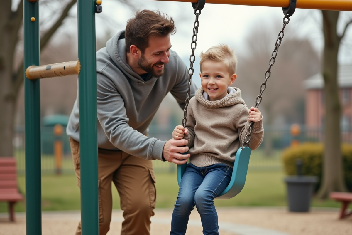 Pere poussant son fils sur une balançoire au parc