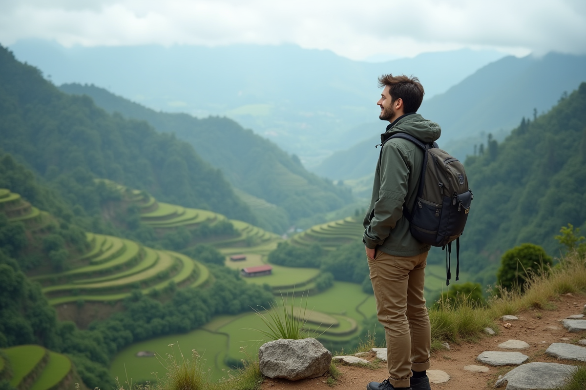 Jeune homme regardant un panorama de rizières et montagnes