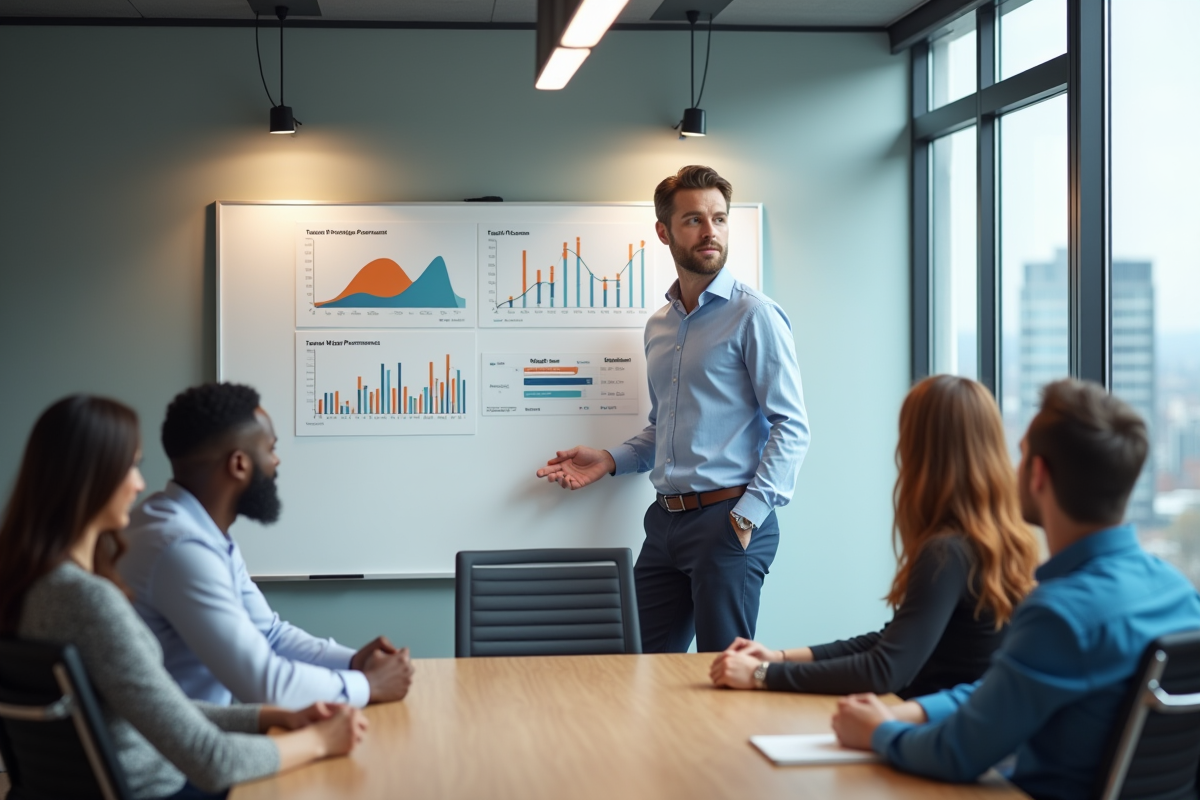 Jeune homme présente des résultats à une équipe en réunion