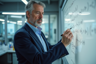 Scientifique homme en costume bleu dans un laboratoire moderne