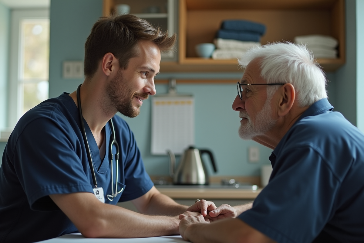 Infirmier aidant un senior lors d’un soin à la maison